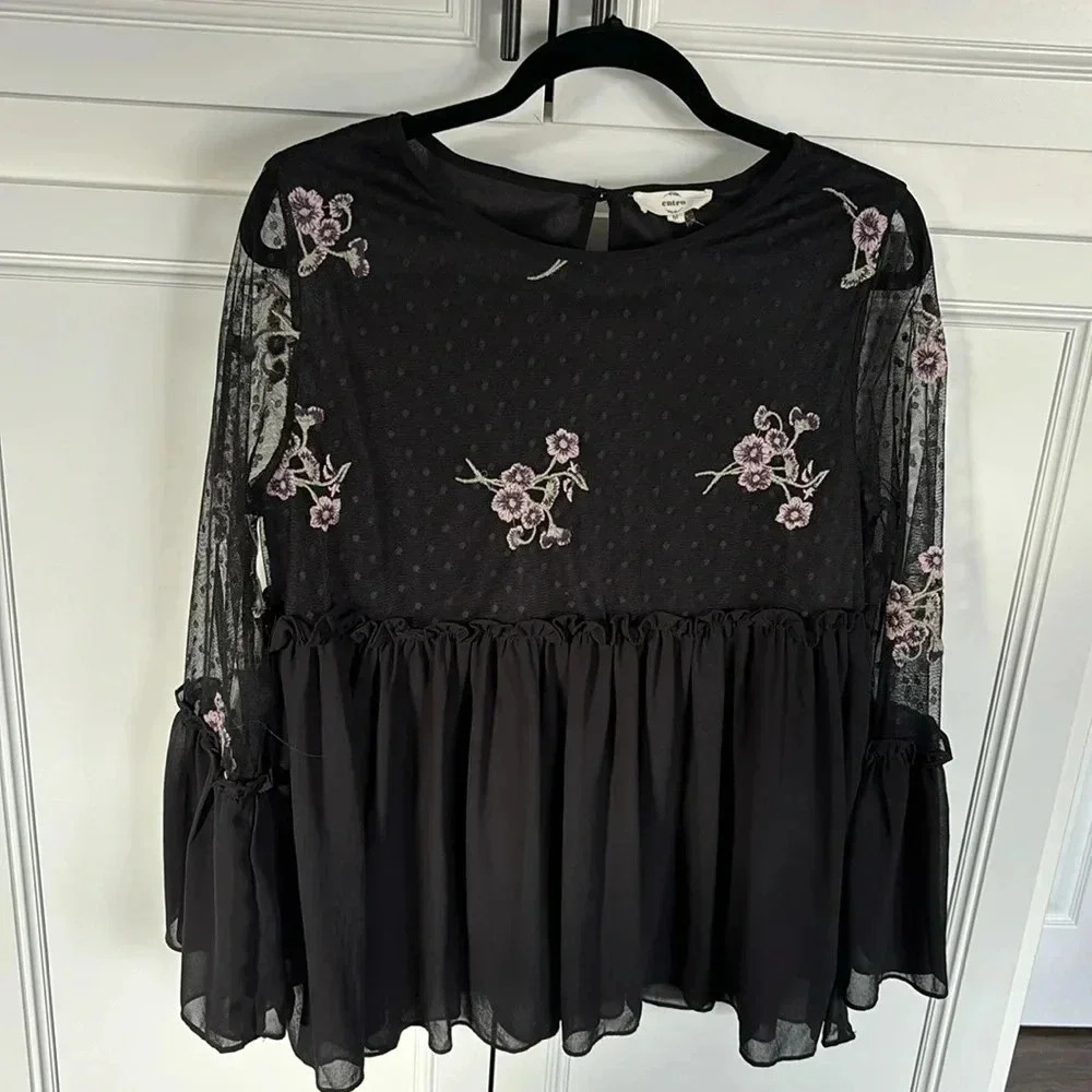 Black babydoll top with lilac embroidery and sheer bell sleeves